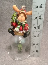 Christmas Resin Glass Dinner Bell Ruffled Bottom Moose in Sweater W/ Tree 6”