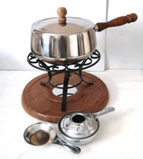 VINTAGE FONDUE 6 PIECE SET STAINLESS STEEL & WOOD TUNDRA JAPAN ~ MISSING FORKS