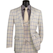 BIG  TALL Men's Light Beige Windowpane 3pc Stretch Modern Fit Suit NWT