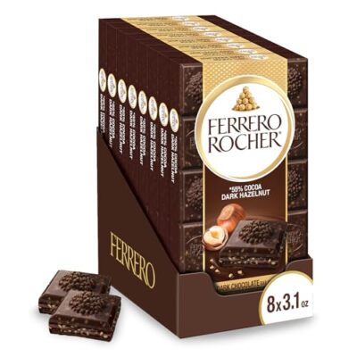 Ferrero Rocher Premium Chocolate Bars, 8 Pack, Dark Chocolate Hazelnut, 3.1 