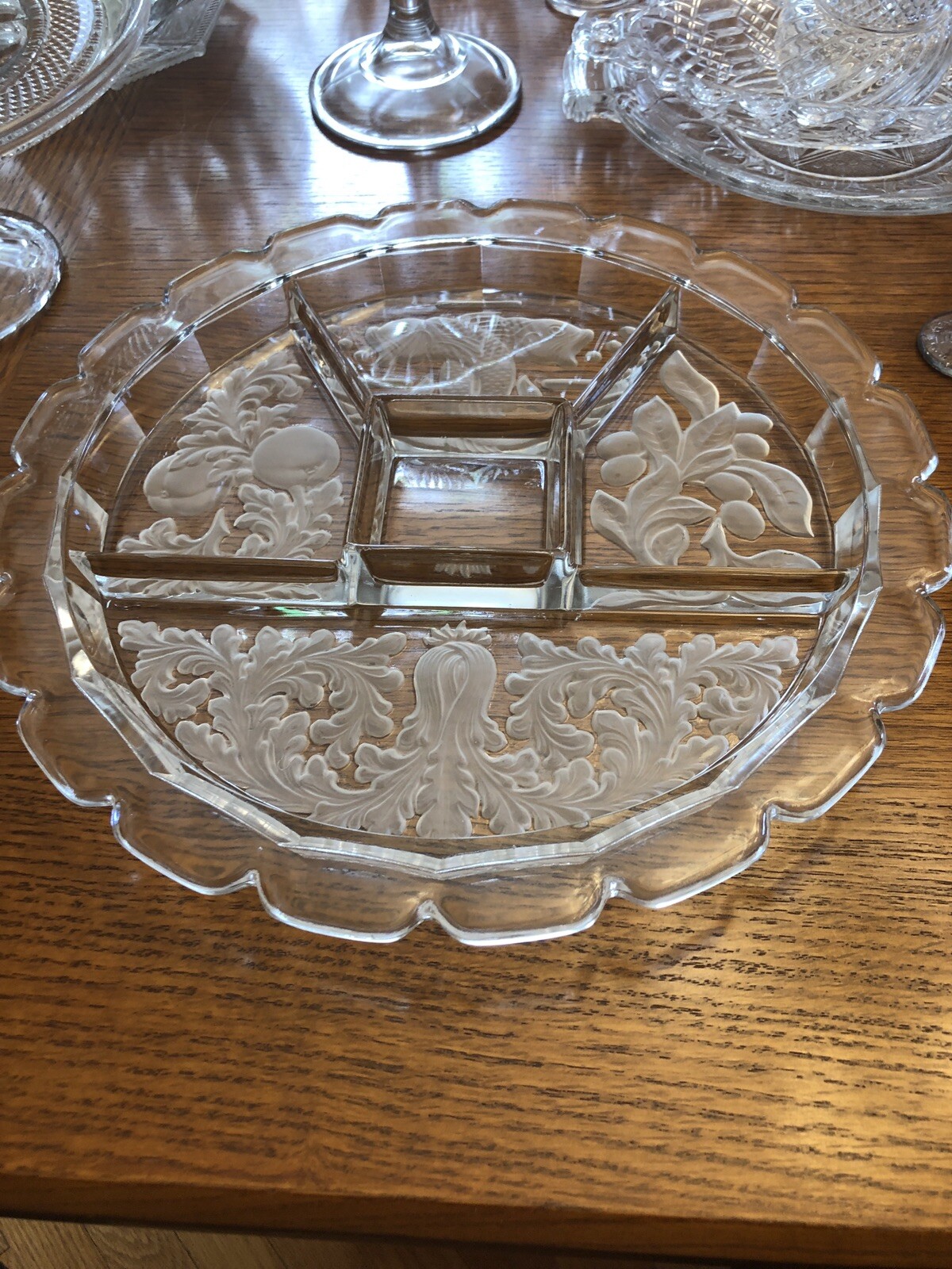 Round Divided Relish Serving Dish Tray Clear Frosted Etched Intaglio