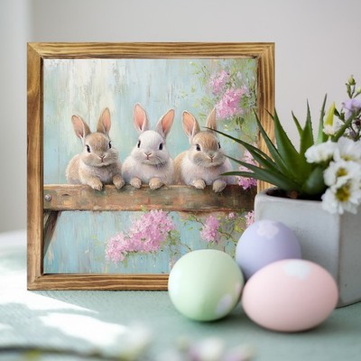 Three Bunnies On Branch Wooden Plaque Watercolor Style Easter Farmhouse Decor