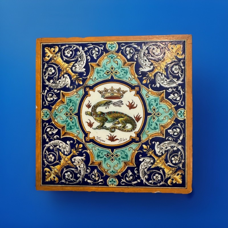 RARE Antique 1880s French Faience Tile Ulysse Blois E Balon Longwy Salamander