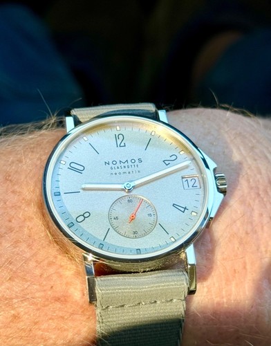 Nomos Glashutte Ahoi Neomatik 38 Date Mens Steel Automatic Watch w/ Box Sand