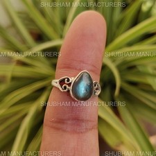 Natural Labradorite Teardrop Ring 925 Sterling Silver Handmade Boho Ring Woman