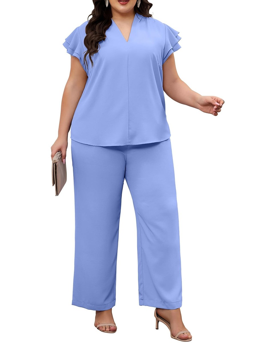 Plus Size Pants Suit Sets Short Sleeve V Neck 2 Piece Dressy Pantsuit Formal  ... | eBay