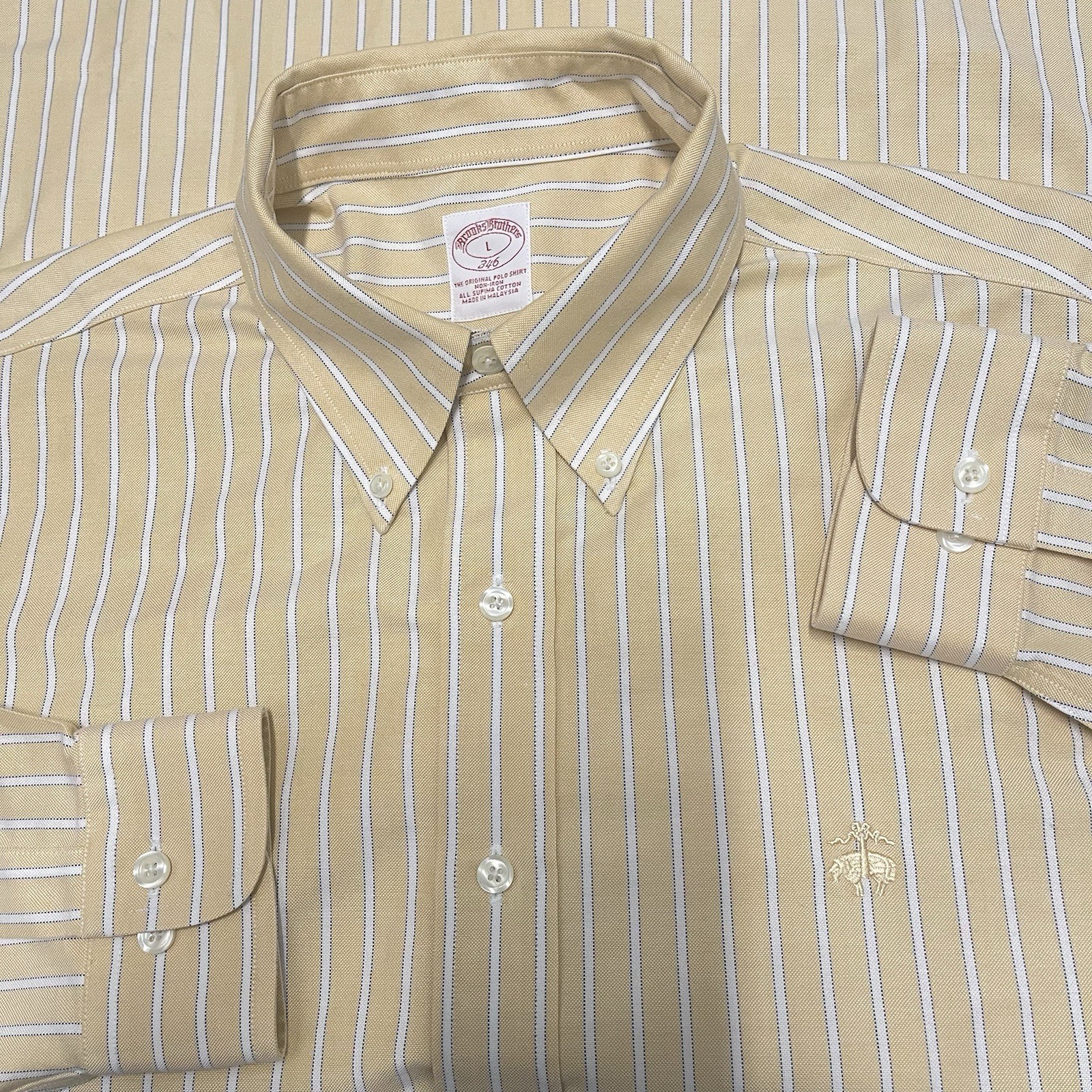 Brooks Brothers 346 Original Polo Shirt Men's Large Button Down Yellow Stripe