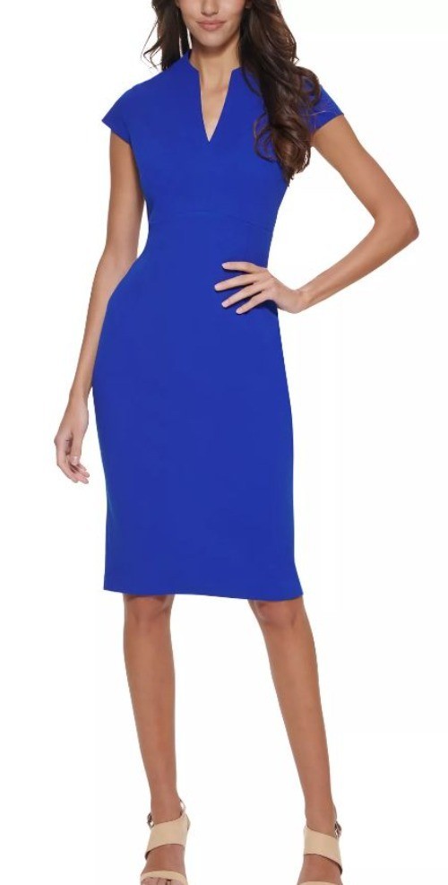 Calvin Klein Womens Blue V Neck Cap Sleeve Work Sheath MIdi Dress Sz 6 New