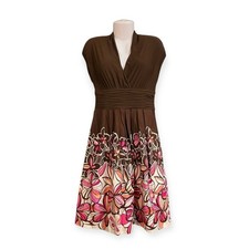 Sangria Women's Brown Floral V-Neck Cap Sleeve Fit & Flare Midi Dress | Size 10
