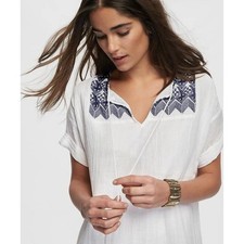 Old Navy Embroidered Boho Cocoon Shift Dress White Navy Blue Tassel Medium Tall