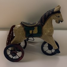 VTG Wooden Horse on Wheels Metal Tricycle Folk Art Hand Carved  Hand Painted