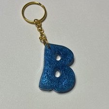Letter B Blue Glitter Resin Key Chain Gold To...