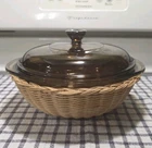 Pyrex #023 Amber Glass 1.5 Quart Casserole Dish with 623-C Lid & Rattan Basket