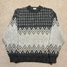 Vtg Nordic Ski Sweater Womens MED Gray Wool Fair Isle Icelandic Chunky Knit 70s