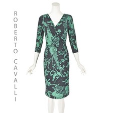ROBERTO CAVALLI Dark Gray Knit Sheath Dress w/Jade Green Print SIZE IT40 US4-6