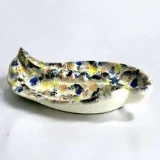 Vintage Ashtray Ceramic Black White Blue Yellow Sponge Paint Elongated Heart