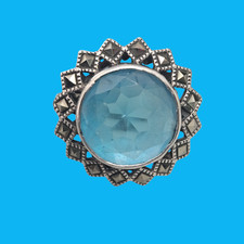 Vintage 925 Sterling Silver Marcasite  Blue Topaz Style Cocktail Ring Size 8.75