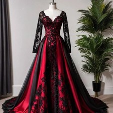 Red And Black Gothic Wedding Dresses V-Neck Lace Applique Vintage A-Line Gowns