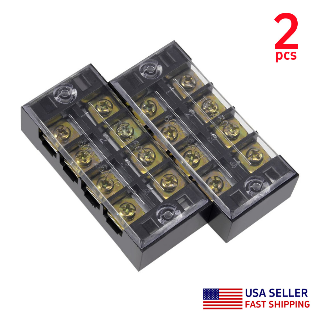 2PCS 4 Positions Dual Row Barrier Block Covered 600V 25A Screw Terminal Strip