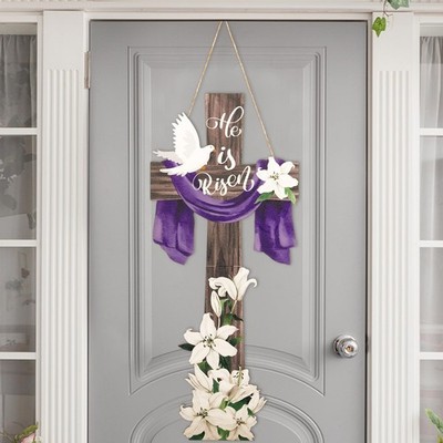 Large Easter He Is Risen Welcome Door Sign Easter Decorations Cross Wall Art ...