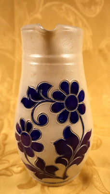 Gres De La Roche Salt Glaze Pitcher - Blue Flowers - Artist Signed Stoneware