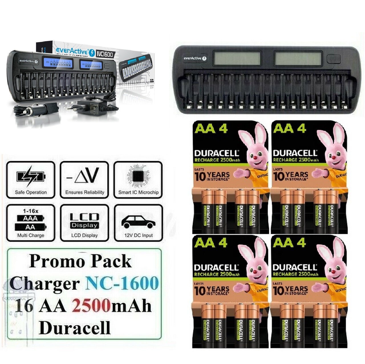 Caricabatterie NC-1600 + 16 Pile Duracell AA 2500mAh | Kit Professionale