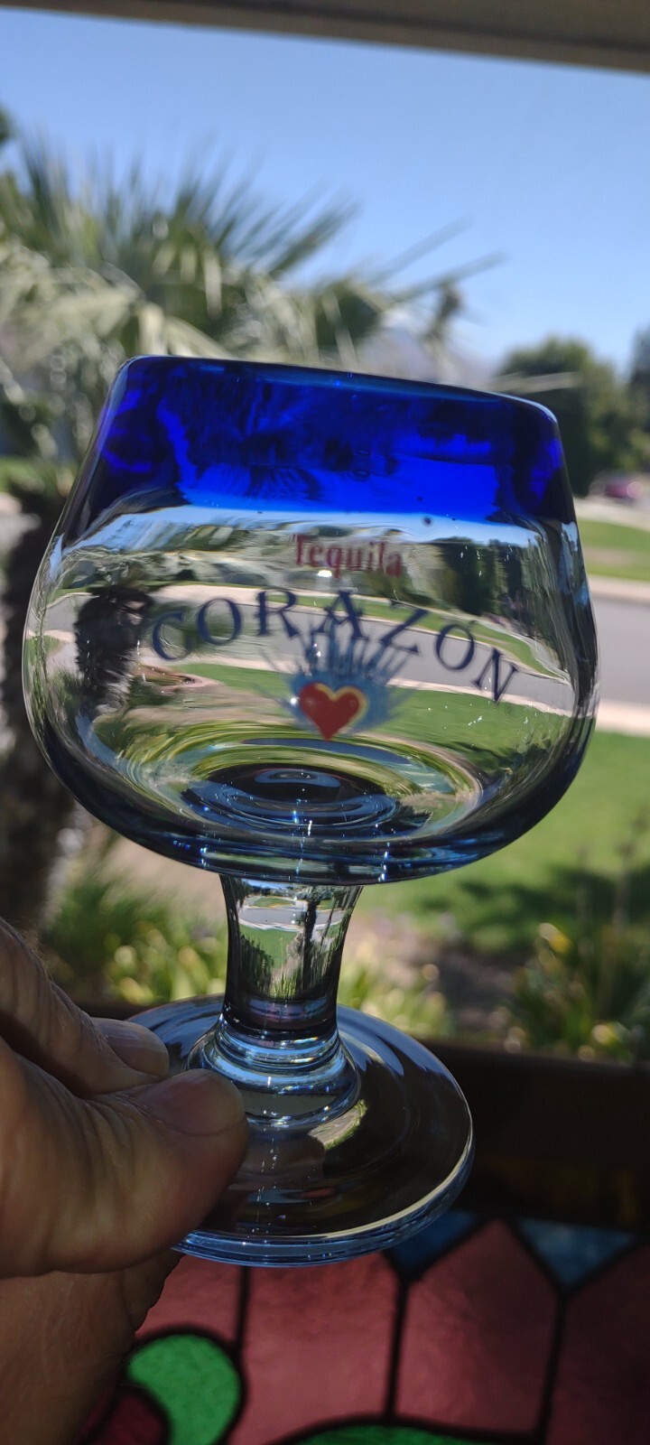6) CORAZON TEQUILA Brandy SNIFTER Goblets 5oz Hand Blown 4" BLUE RIMMED