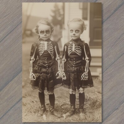 Art Print Kids Children Creepy Skeleton Twins Unreal Halloween Unusual Strange