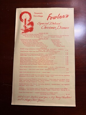 Fowler's Special Deluxe Christmas Dinners Season's Greetings Vintage Menu