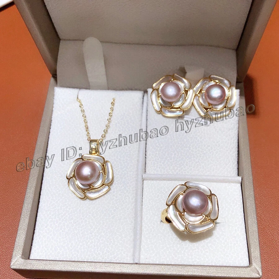 Natural AAA + Perla 18K GP Incrustación Concha Flor Pendientes + Anillo + Colgante Collar Conjunto Foto 4 de 4