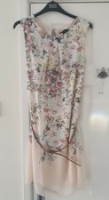Stunning Ladies Size 14 Nude Floral Lined Dress & belt 