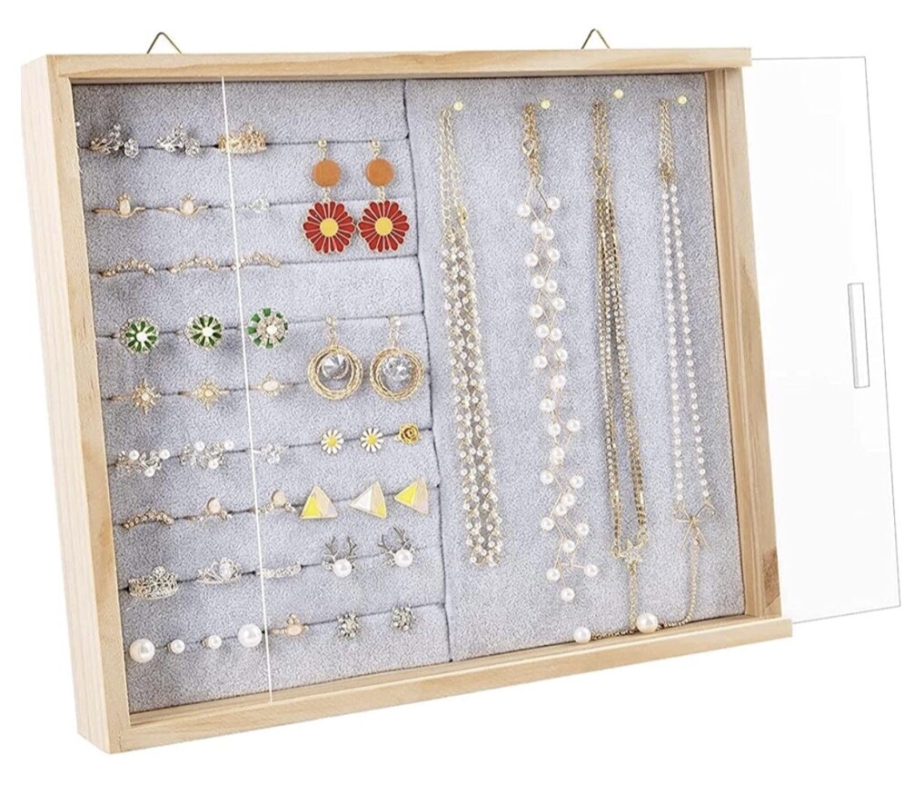 Mebbay Hanging Velvet Jewelry Trays with Lid Wooden Stud Earring Holder  Organize