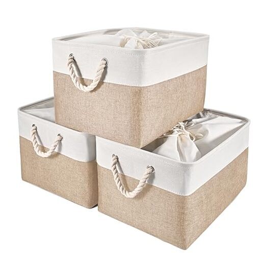 Fabric Storage Bin with Drawstring 15.8×11.8×9.5in/3-Pack White and Yellow