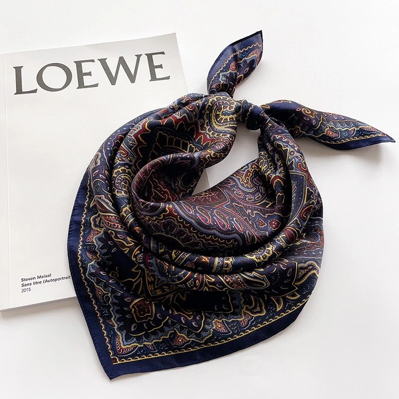 100% Mulberry Silk 27" Square Scarf Women Neckerchief Wrap Vintage Blue Paisley - Image 3 of 4