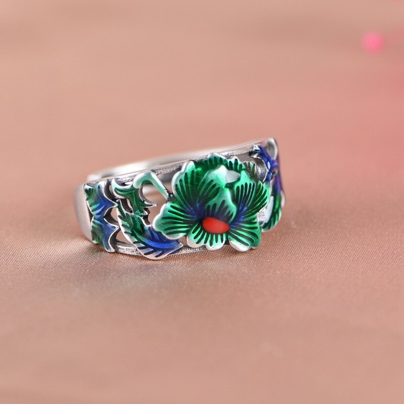 F05 Ring bunte Blume Pfingstrose Sterling Silber 925 größenverstellbar