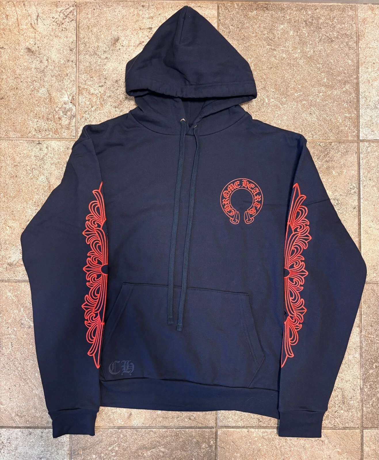 CHROME HEARTS 【100% Autentico】 Felpa con cappuccio manica floreale a ferro di cavallo cuori cromati taglia M