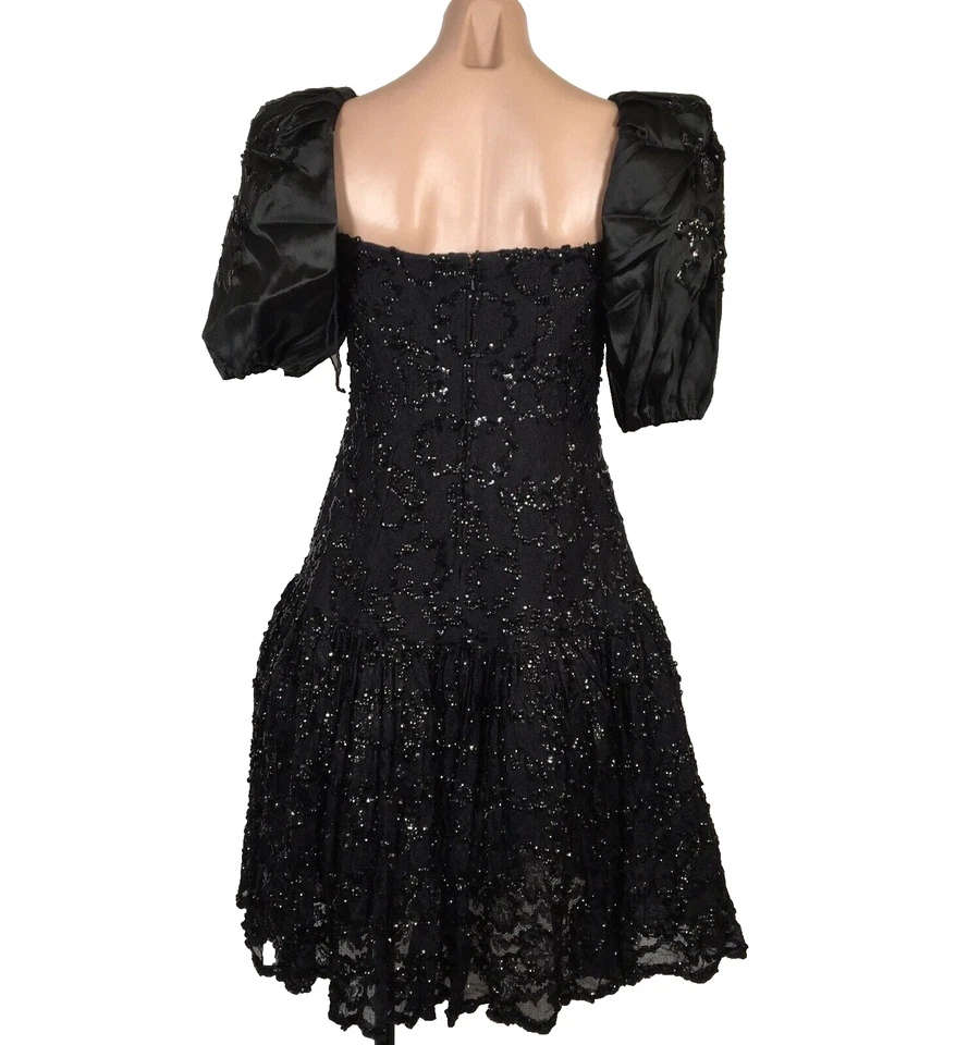 Vestido Negro Frank Usher Manga Hinchada Fiesta Baile de graduación Noche De Colección Años 80 Lentejuelas EE. UU.-12 Foto 2 de 4