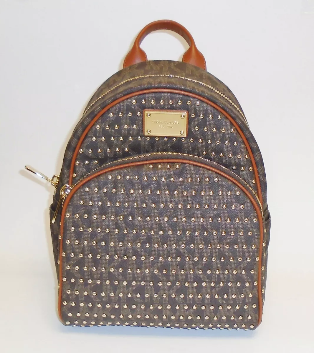 NEW MICHAEL KORS JET SET ITEM BROWN PVC MONOGRAM SMALL STUDDED ZIP