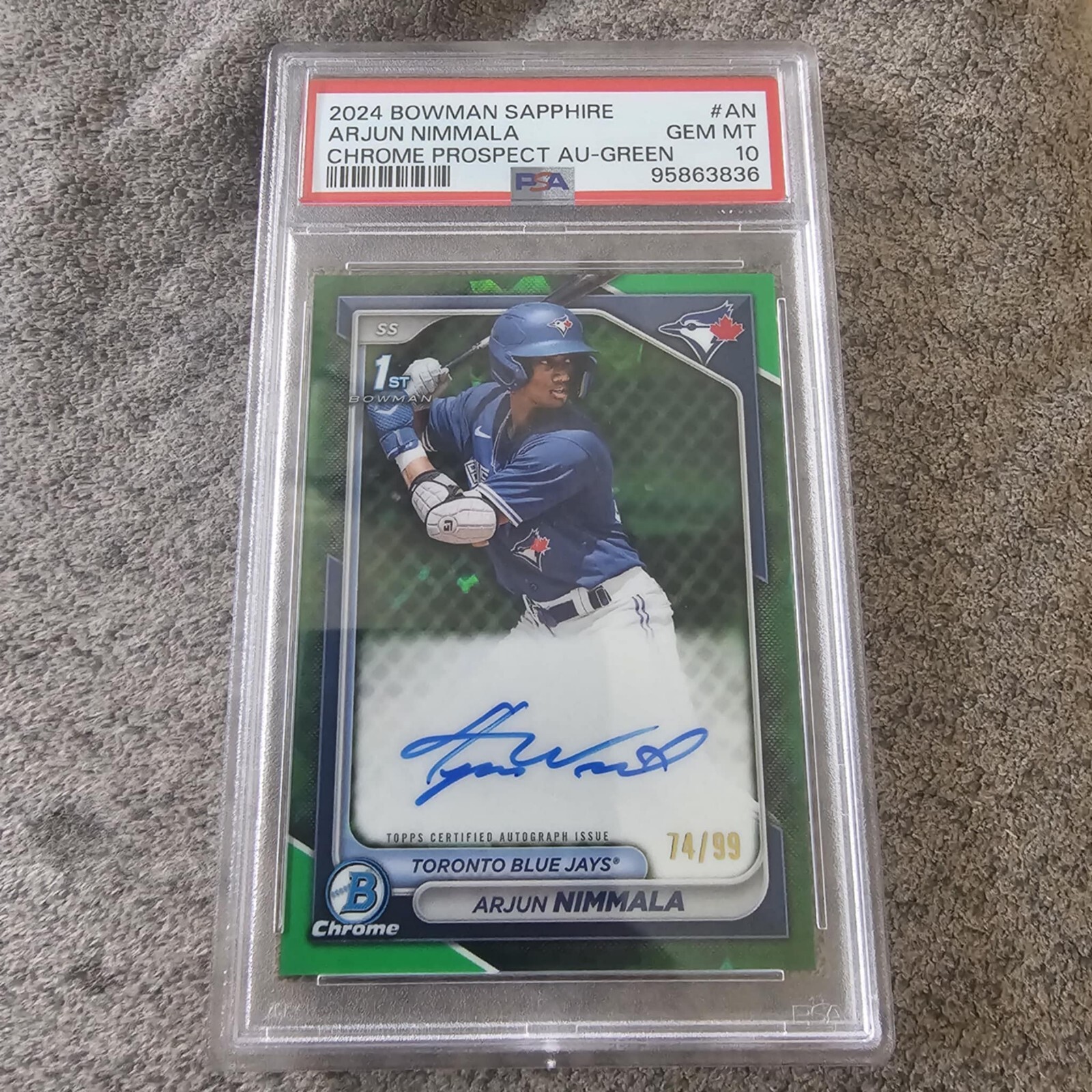 ARJUN NIMMALA 2024 BOWMAN CHROME SAPPHIRE GREEN RERACTOR 1ST AUTO 74/99 PSA 10