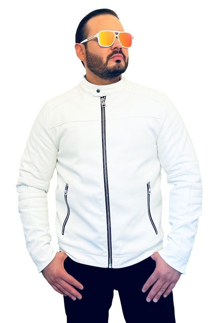 Calvin Klein Men's White Faux Leather Motorcycle Jacket Calvin Klein Men's White Faux Leather Motorcycle Jacket