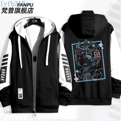 Re:zero Rem Hooded Jacket Zipper Coat Men Women Tops 3 Colors #A
