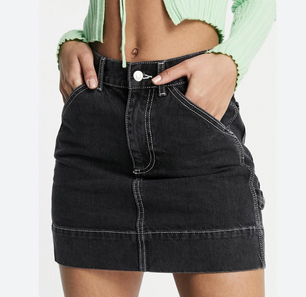 TOPSHOP Denim Carpenter Skirt Women's Size 8 Black Jean Skirt NWOT