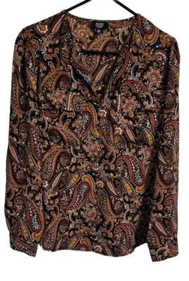 Jones New York Paisley Blouse Womens Large Brown White Sheer Boho Mature Light