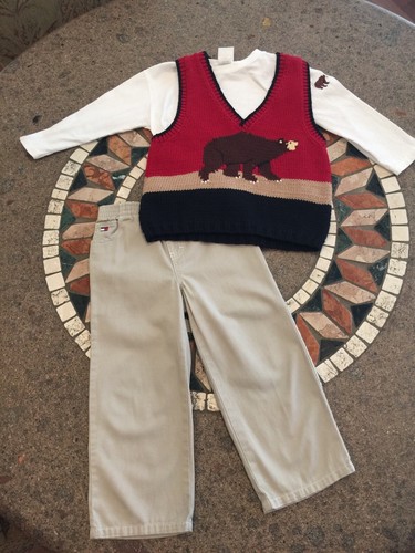 Marika Hahn Sweater Vest Tee & Tommy Hilfiger Pants BEAR Outfit boys 4 Holiday - Picture 2 of 8