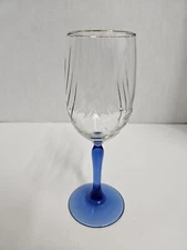  Replacement Libbey Glass Crystal Blue Stem Water Goblet Drape Optic w Gold Trim