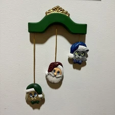 13” Long Whimsical Ceramic Cat & Santa Wind Chime Wall Art Hanging Hand painted