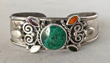 Southwestern Design Sterling Silver 950 Multi Gemstone Cuff Bracelet;P457