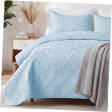 Extra Soft Full Queen Quilt Bedding Set, Lightweight Queen 96"x90" Light Blue