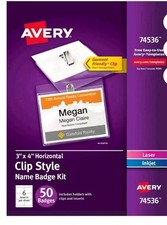 Avery 74536 Clip Style Name Badges KIT Plastic 3x4in White Laser/Inkjet 50 pack