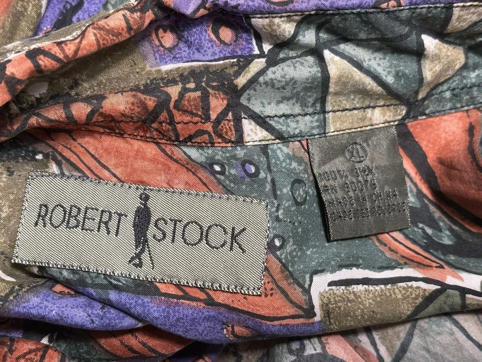 Camisa masculina vintage Robert Stock 100% seda com botões tamanho XL abstrata multicolorida - Imagem 3 de 4
